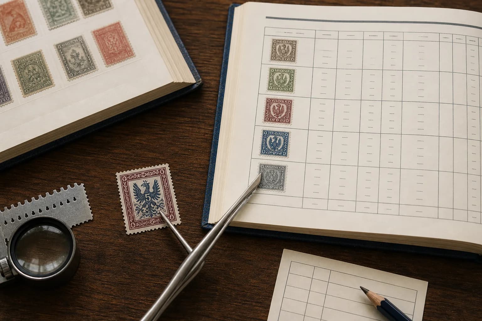 Fictional vintage stamp beside an open generic philatelic catalog, album, stamp tongs, magnifier, perforation gauge, and inventory card