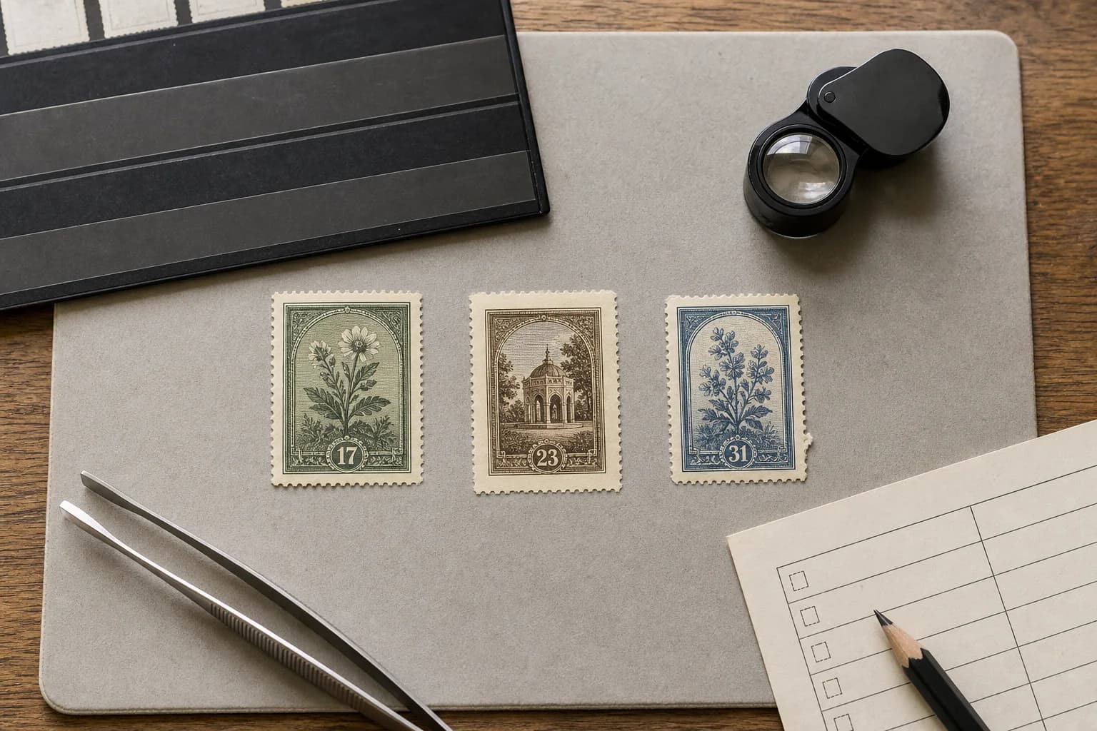 Three fictional vintage stamps with different centering and edge condition beside stamp tongs, a loupe, stock card, and blank inspection sheet