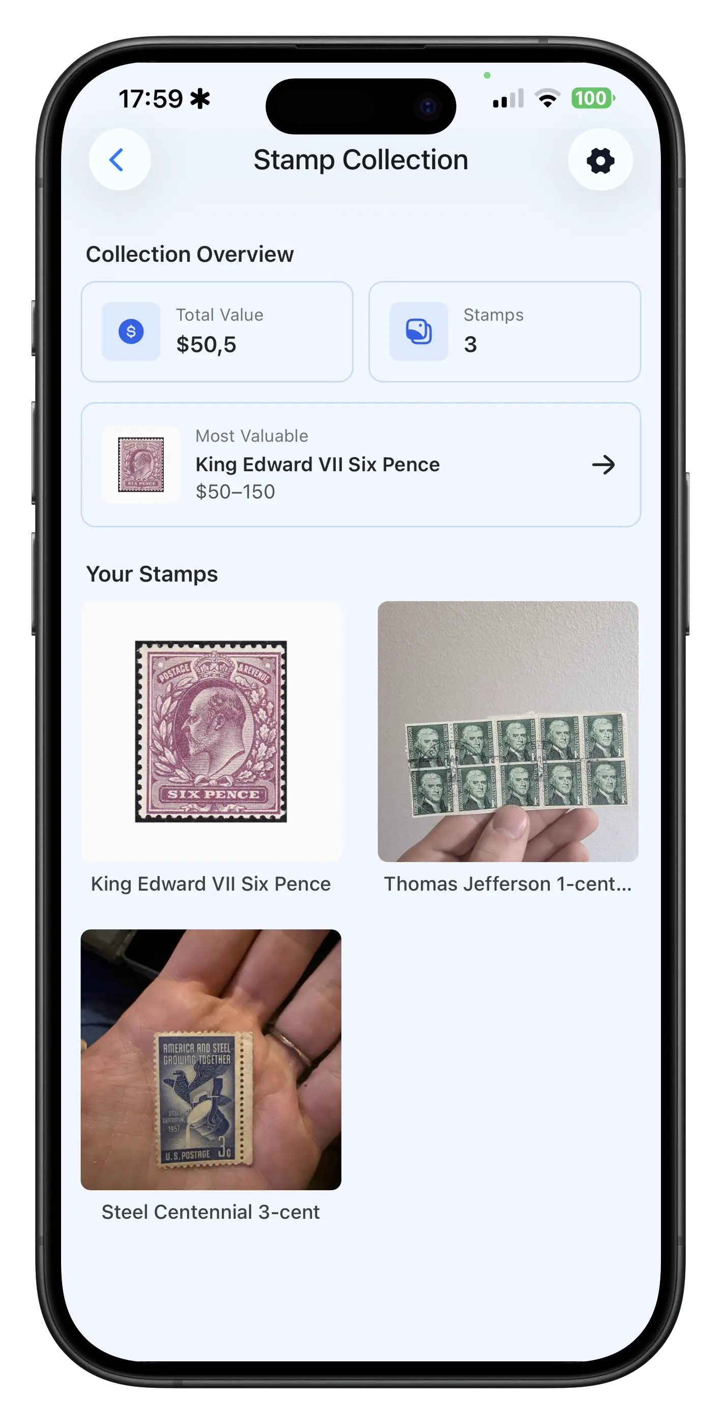 Saved stamp collection in the app