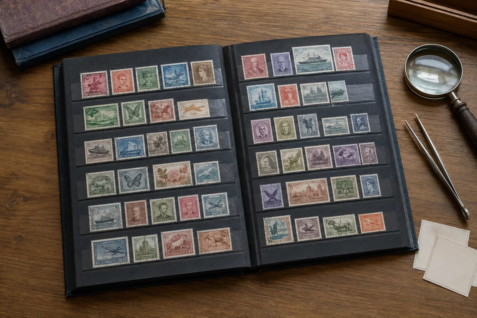 Open stockbook with a small fictional stamp collection, stamp tongs and a magnifier on a wooden desk