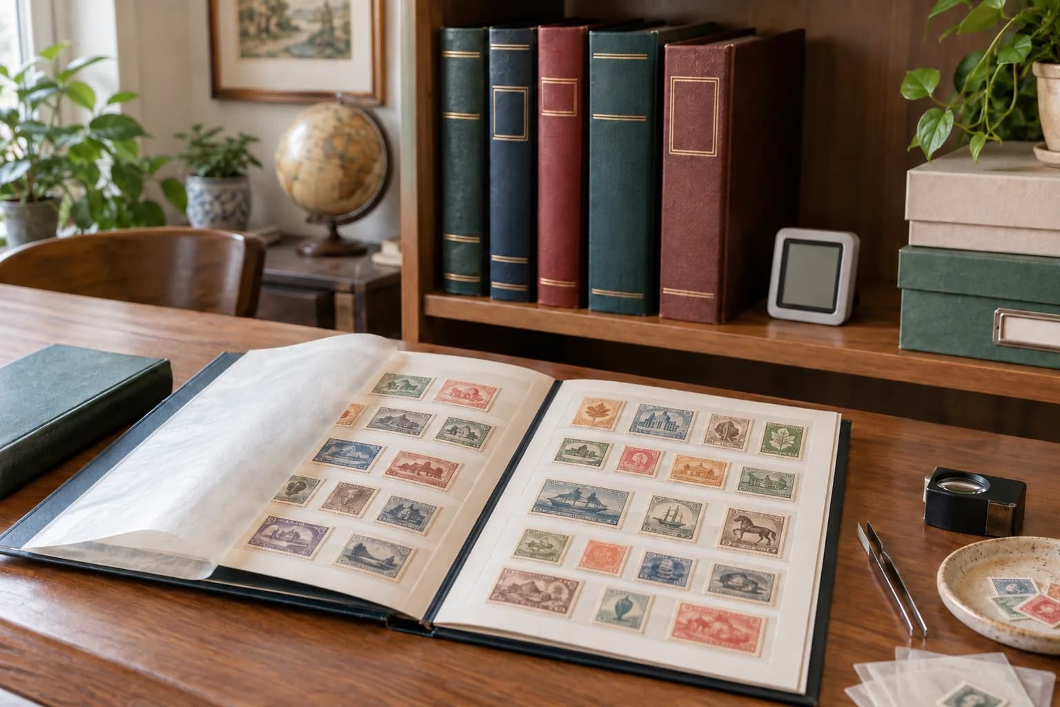 Open stockbook of fictional stamps beside upright albums and a digital hygrometer in a clean home study